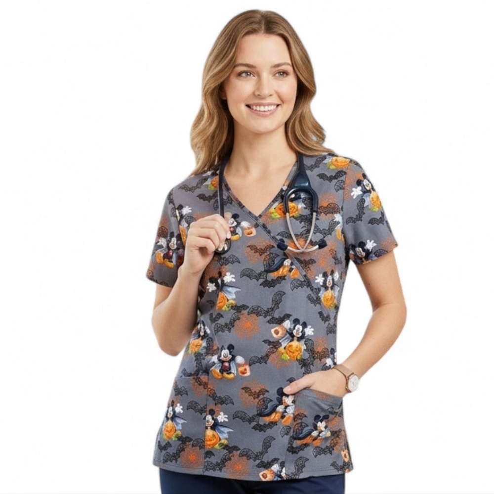Disney Mickey Mouse Halloween Vampire Bat Mock Wrap Scrub Top SZ L